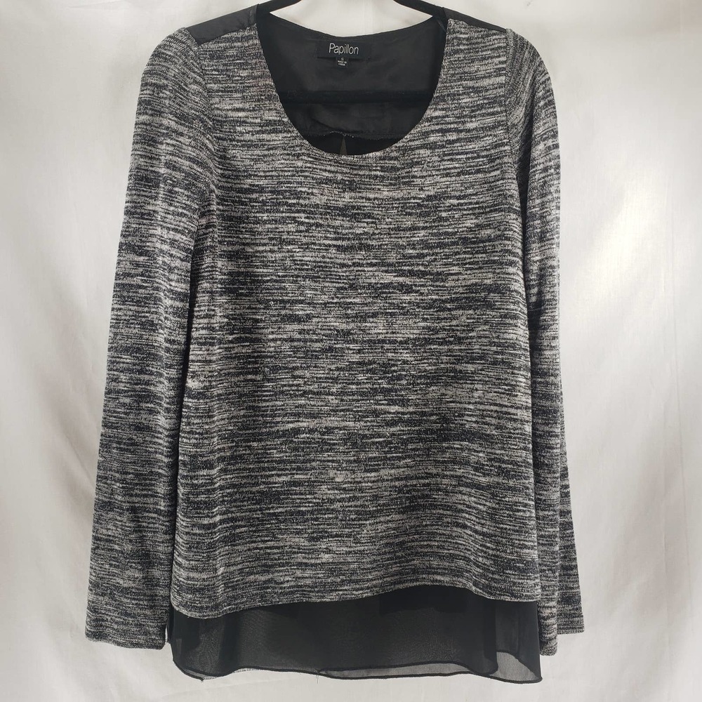 Papillon Round Neck Pullover Top Size Size Small Gray & Black Long Sleeve Layer